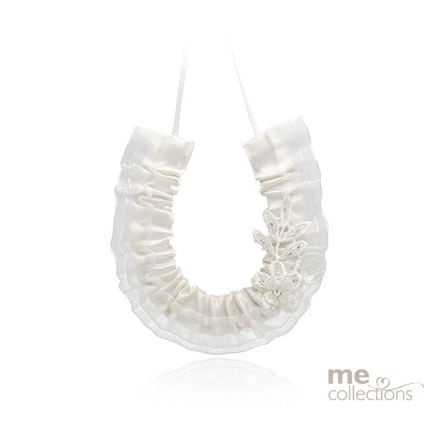 Satin Horseshoe with Lace Flowers – Elegant Bridal Keepsake in Ivory Satin Horseshoe with Lace Flowers – Elegant Bridal Keepsake in Ivory